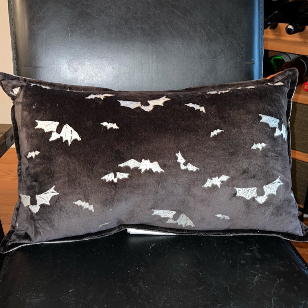 Velvet soft black Halloween pillow with bat designs 
Like new
